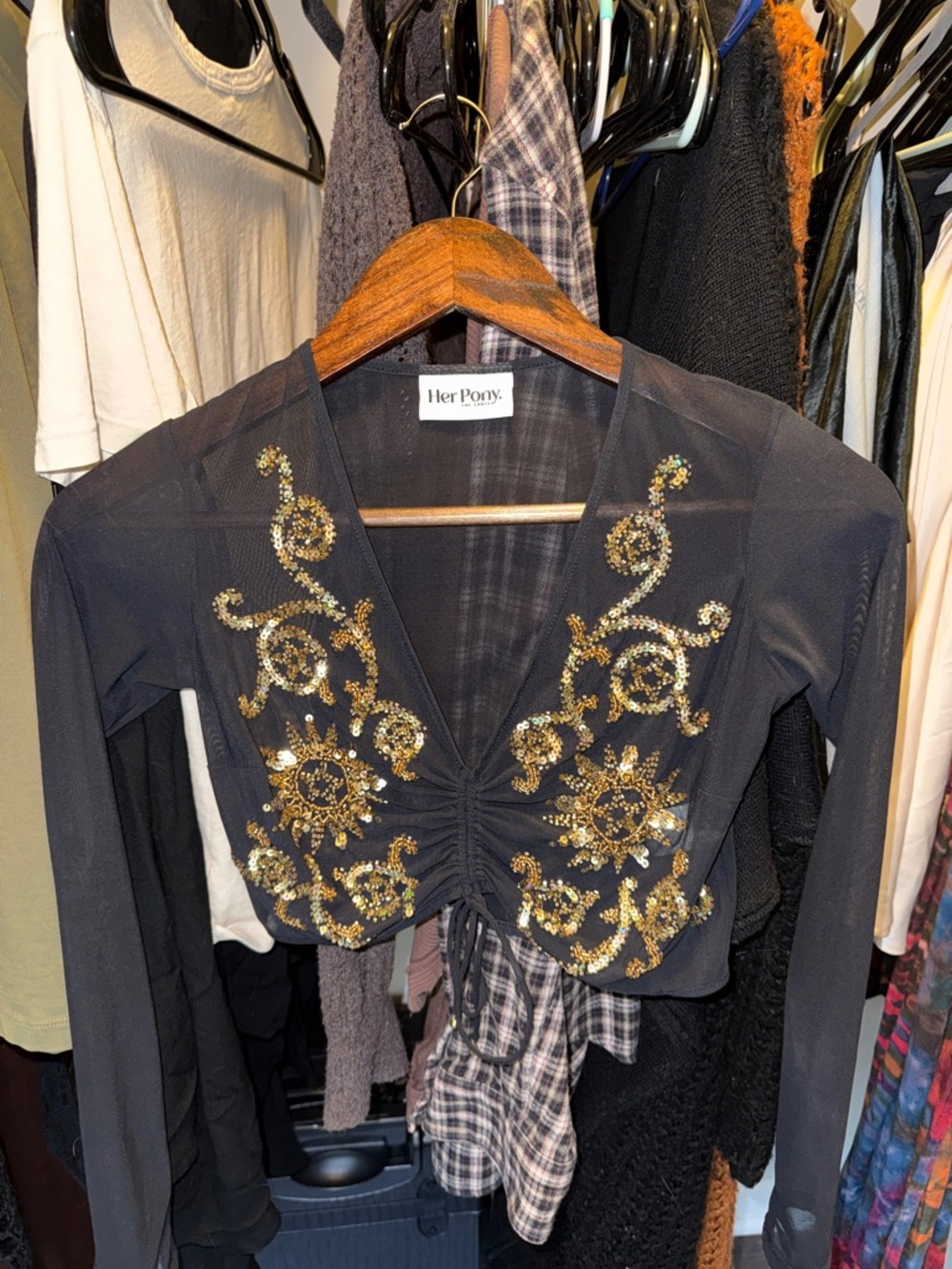 Black Mesh Long-Sleeve Crop Top with Gold Sequin Embroidery